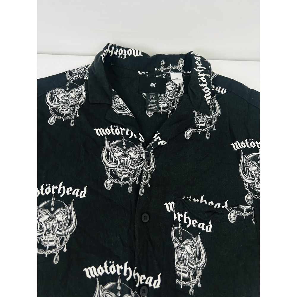 H&M Motorhead Shirt Mens Medium Black Short Sleeve Button Up Graphic Viscose